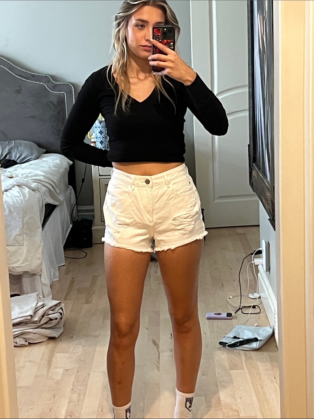 Garage White Distressed High-Rise Denim Shorts